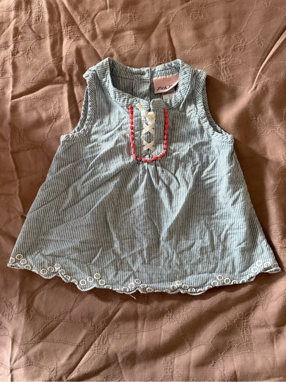 Little Lass Blue Striped Embroidered Tank with Coral Trim